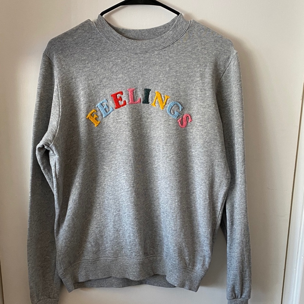 ban.do Gray Crewneck Sweater with Colorful 'Feelings' Embroidery